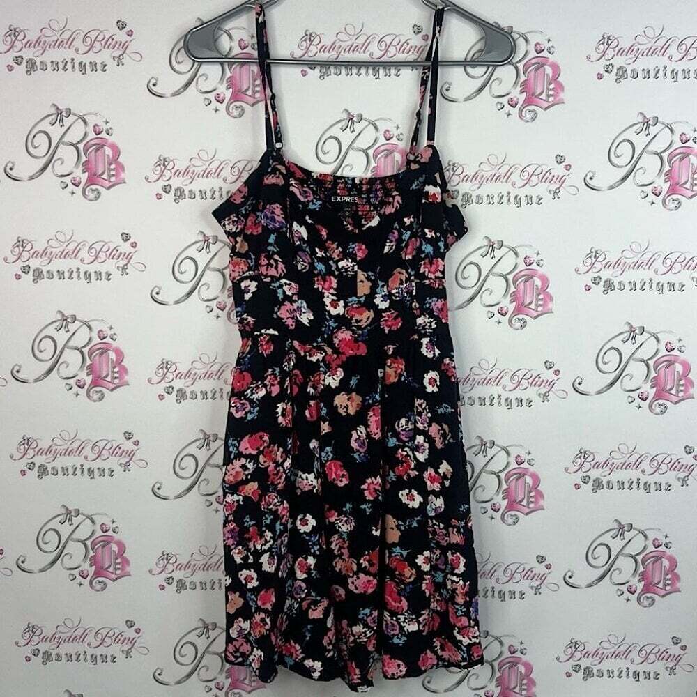 Express dress flowers smocked Floral Print Intimate Dress - Black and Pink